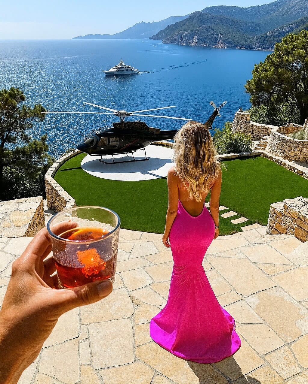 Luxury background with yacht, helicopter, and woman